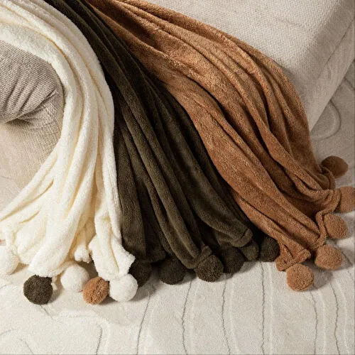 Mudo Home Ponponlu Di̇z Üstü Battani̇ye Bej 130x160