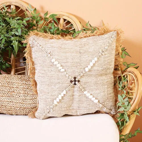 Mylamp Boho Deniz Kabuklu Doğal Keten Kırlent Kılıfı
