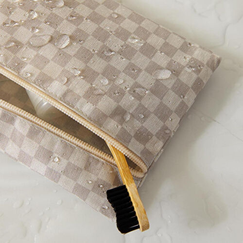 Ocean Home Textile 3'lü Su Geçirmez Pvc Astarlı Gri Dama Desen Islak Kuru Çantası 20 X 13 / 24 X 20 / 30 X 24 Cm