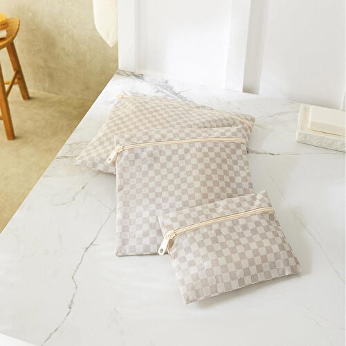 Ocean Home Textile 3'lü Su Geçirmez Pvc Astarlı Gri Dama Desen Islak Kuru Çantası 20 X 13 / 24 X 20 / 30 X 24 Cm