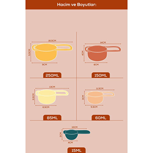 Vienev 5’li Renkli Ölçü Kaşığı Seti Toprak Renkli – (15-60-85-150-250 Ml) | Mutfak Ölçü Seti
