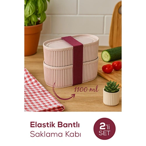 Vienev 2'li Elastik Bantlı İstiflenebilir Pratik Saklama Kabı Seti 2x(1100 Ml) Pembe
