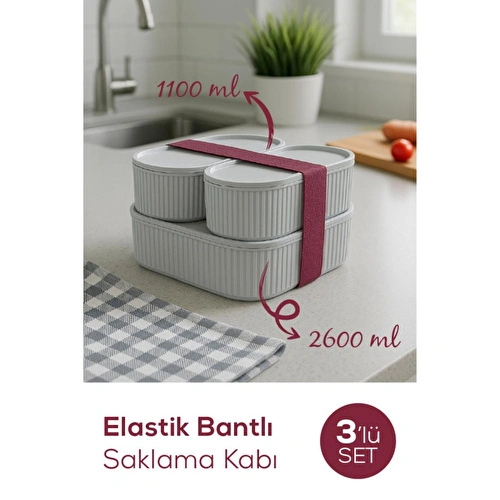 Vienev 3'lü Elastik Bantlı İstiflenebilir Pratik Saklama Kabı Seti 2x 1100 Ml 1x 2600 Ml Gri