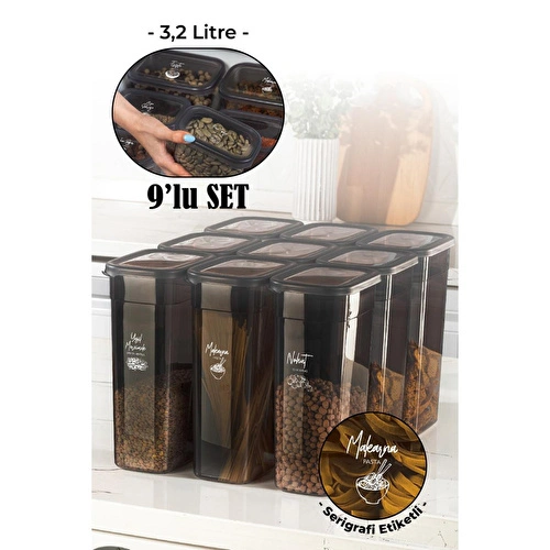 Vienev Beyaz Serigrafi Etiketli 9lu Set Peggy Şeffaf Kapaklı Uzun Dikdörtgen Saklama Kabı 3,2 Litre