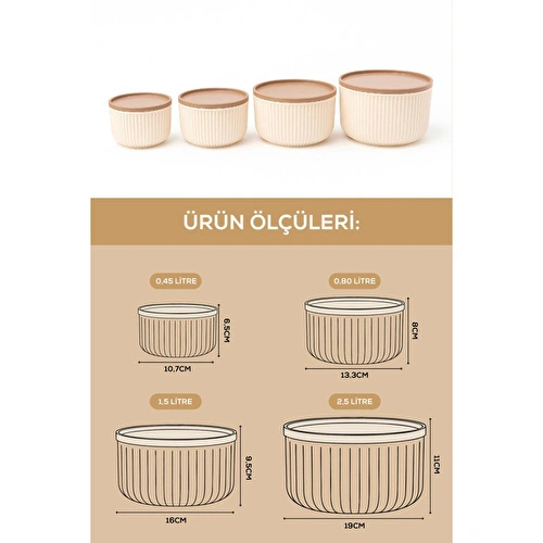 Vienev 16'lı Çizgili Yuvarlak Saklama Kabı Seti Bej