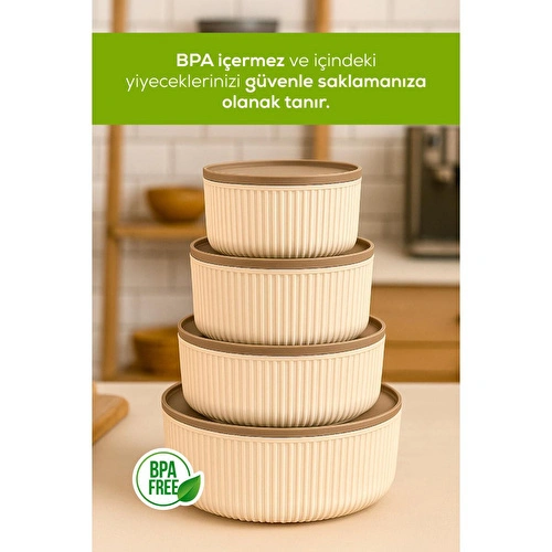 Vienev 16'lı Çizgili Yuvarlak Saklama Kabı Seti Bej