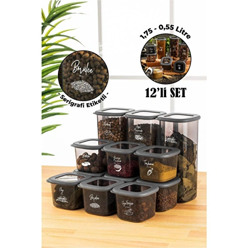 Vienev Serigrafi Etiketli 12li Foly Kare Erzak Saklama Kabı 9x(0,55 Litre) 3x(1,75 Litre) Antrasit