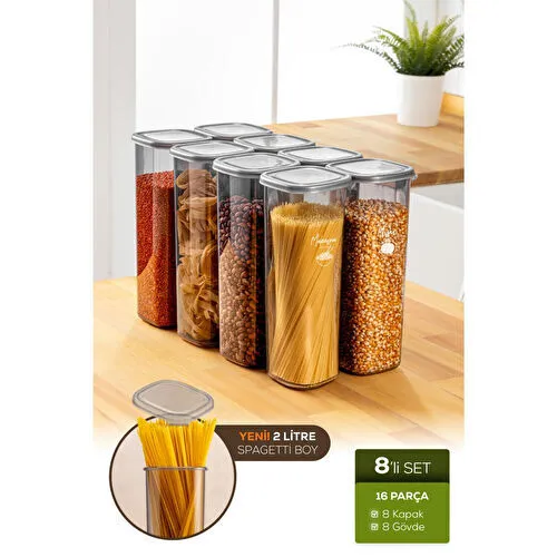 Vienev 8'li Etiketli Hava Geçirmez Erzak Saklama Kabı Seti 2 Lt Antrasit Antrasit