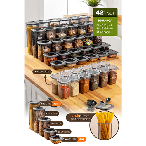 Vienev 42'li Etiketli Lux Hava Geçirmez Erzak Ve Baharat Saklama Kabı Seti Kaşıklı Antrasit
