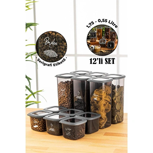 Vienev Serigrafi Etiketli 12li Foly Kare Erzak Saklama Kabı 6x(0,55 Litre, 1,75 Litre) Antrasit