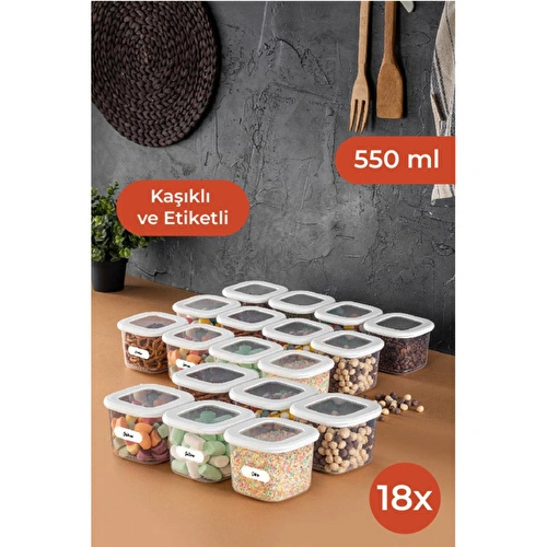 Vienev Etiketli Kaşıklı Foly Kare Erzak Saklama Kabı Seti 18li 0,55 Küçük Boy Beyaz