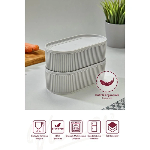 Vienev 2'li Elastik Bantlı İstiflenebilir Pratik Saklama Kabı Seti 2x 1100 Ml Gri