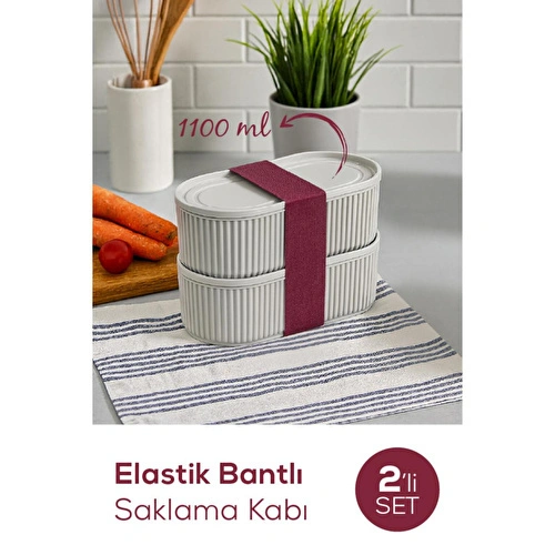 Vienev 2'li Elastik Bantlı İstiflenebilir Pratik Saklama Kabı Seti 2x 1100 Ml Gri