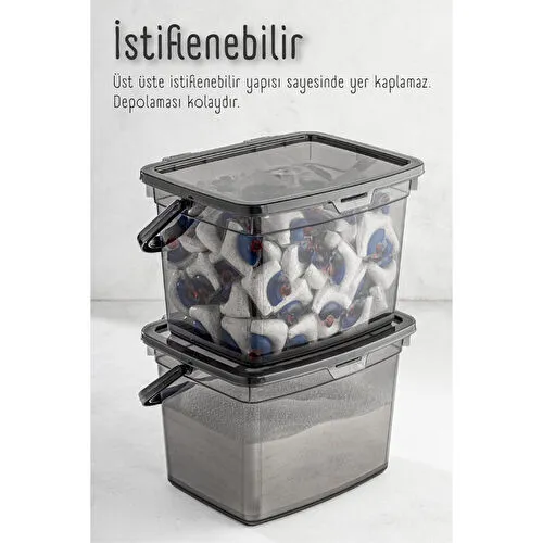 Vienev 2li 4 Litre Toz Tablet Deterjan Saklama Kabı - Deterjan Kutusu, Toz Tablet Deterjan Kabı Antrasit
