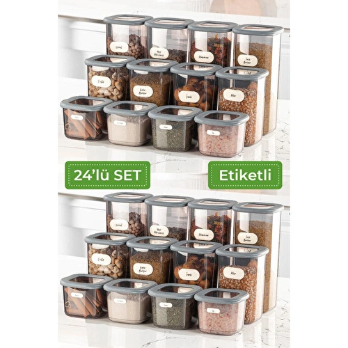 Vienev 24'lü Etiketli Poly Kare Erzak Saklama Kabı Set 8x(0,55 Li̇tre, 1,2 Li̇tre, 1,75 Li̇tre) Antrasit