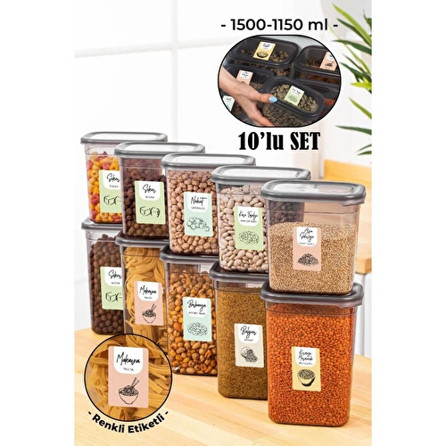 Vienev Renkli Etiketli 10lu Peggy Dikdörtgen Saklama Kabı Seti 5x(1500-1150 Ml) Antrasit