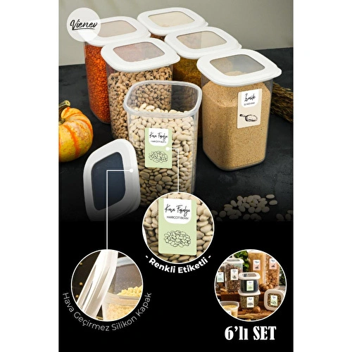 Vienev Renkli Etiketli Kare Erzak Saklama Kabı 6lı Set 1,2 Litre Beyaz