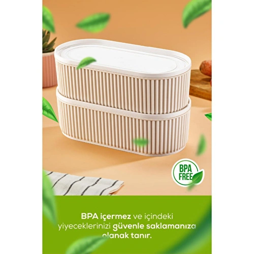 Vienev 2'li Elastik Bantlı İstiflenebilir Pratik Saklama Kabı Seti 2x(1100 Ml) Bej