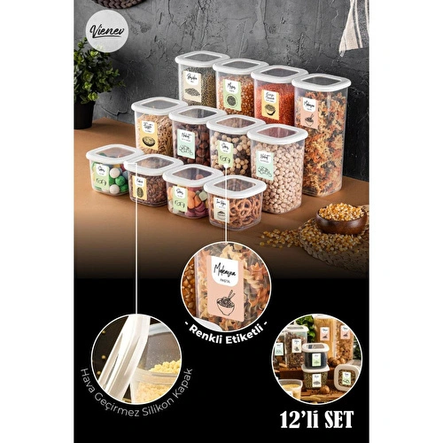 Vienev 12li Set Renkli Etiketli Kare Erzak Kabı 4x(0,55 Litre, 1,2 Litre, 1,75 Litre) Beyaz