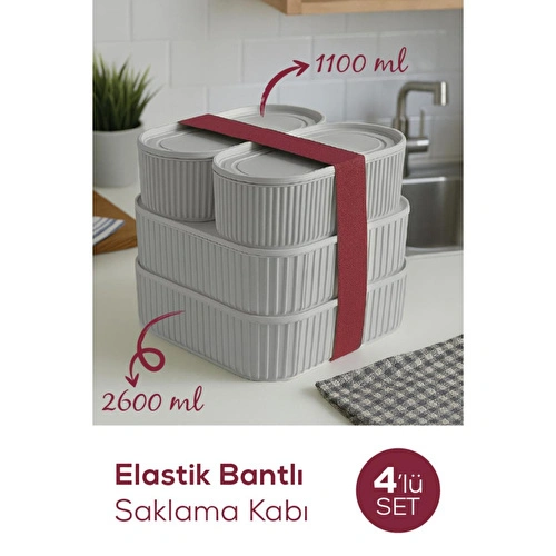 Vienev 4'lü Elastik Bantlı İstiflenebilir Pratik Saklama Kabı Seti 2x 1100 Ml 2x 2600 Ml Gri
