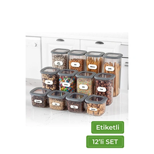 Vienev 12'li Set Etiketli Kare Erzak Saklama Kabı 4x(0,55 Li̇tre, 1,2 Li̇tre, 1,75 Li̇tre) Antrasit