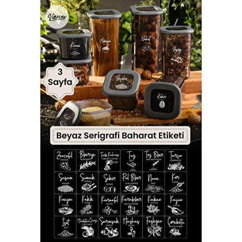 Vienev 3 Adet Beyaz Serigrafi Baharat Etiketi