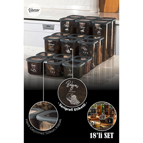 Vienev Beyaz Serigrafi Etiketli Kare Erzak Saklama Kabı 18'li Set 6x(0,55 Li̇tre, 1,2 Li̇tre, 1,75 Li̇tre)