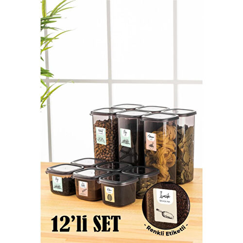 Vienev Renkli Etiketli 12li Peggy Kare Erzak Saklama Kabı 6x(0,55 Litre, 1,75 Litre) Antrasit