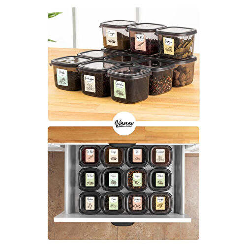 Vienev Renkli Etiketli 12li Peggy Kare Erzak Saklama Kabı 6x(0,55 Litre, 1,75 Litre) Antrasit