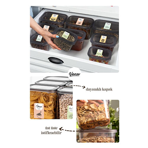 Vienev Renkli Etiketli 8li Set Peggy Dikdörtgen Saklama Kabı 1,3 Litre Antrasit