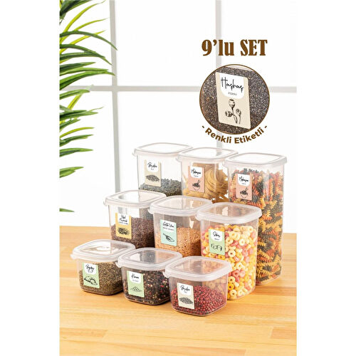 Vienev Renkli Etiketli 9lu Peggy Kare Erzak Saklama Kabı 3x(0,55 Litre, 1,2 Litre, 1,75 Litre) Beyaz