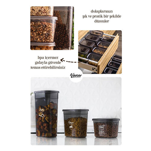 Vienev Beyaz Serigrafi Etiketli 12li Set Peggy Şeffaf Kapaklı Uzun Dikdörtgen Saklama Kabı 3,2 Litre