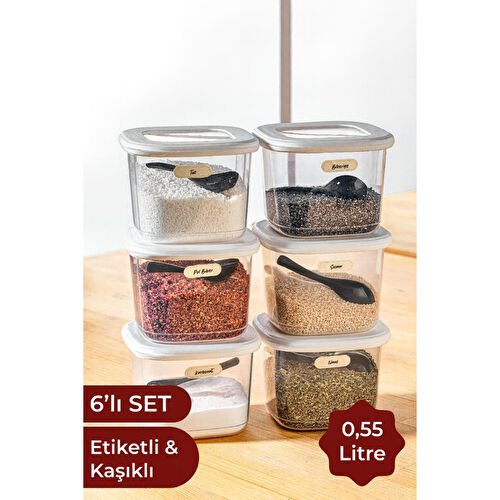 Vienev Etiketli Kaşıklı Kare Erzak Saklama Kabı 6'lı Set Küçük Boy 0,55 Litre Beyaz