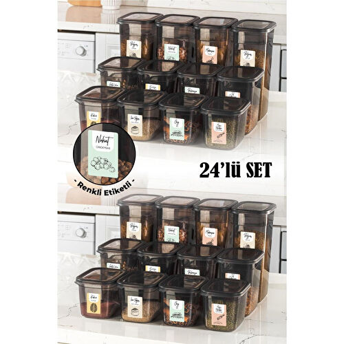 Vienev Renkli Etiketli 24lü Set Peggy Dikdörtgen Saklama Kabı 8x(1,3-2-3,2 Litre) Antrasit