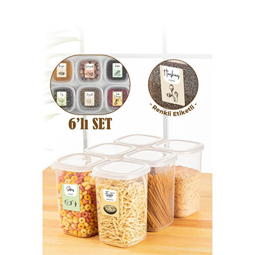 Vienev Renkli Etiketli 6lı 1,2 Litre Peggy Kare Erzak Saklama Kabı Beyaz