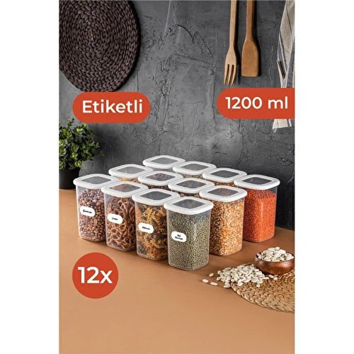 Vienev Beyaz Etiketli 12'li Set Orta Boy 1,2 Litre Kare Erzak Saklama Kabı Beyaz