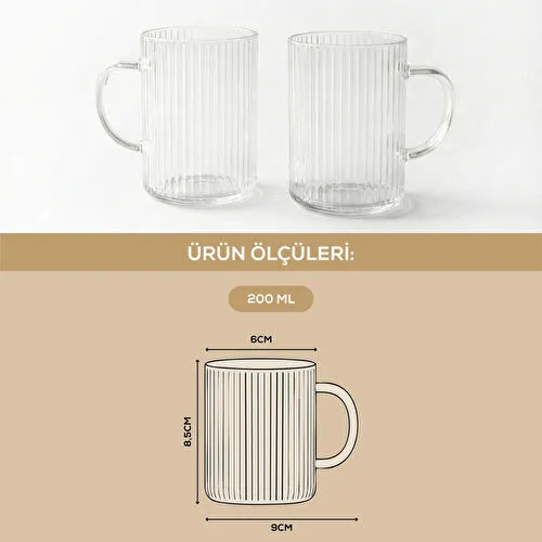 Vienev 2'li Çizgili Desenli Kulplu Cam Bardak - 200 Ml Cam Çay Bardağı