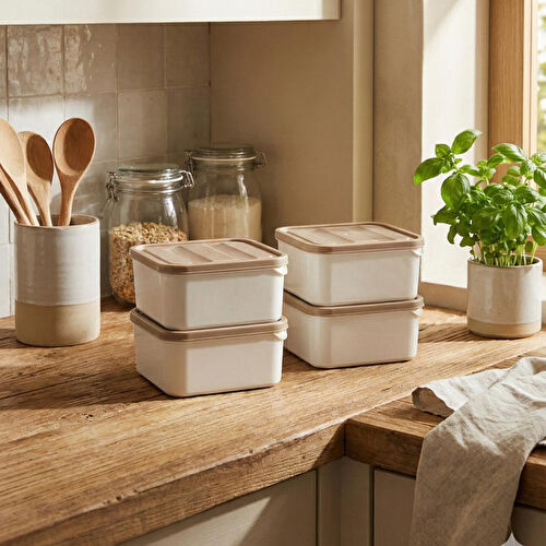 Vienev 4'lü 350 Ml Buzdolabı Düzenleyici Mikrodalgaya Ve Difriz Saklama Kabı Bej