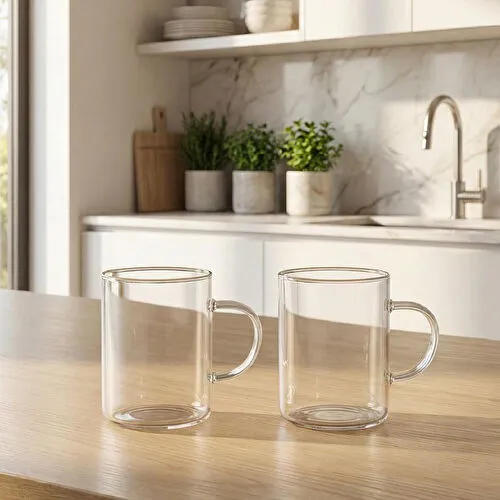 Vienev 2'li Isıya Dayanıklı Borosilikat Cam Kupa Bardağı