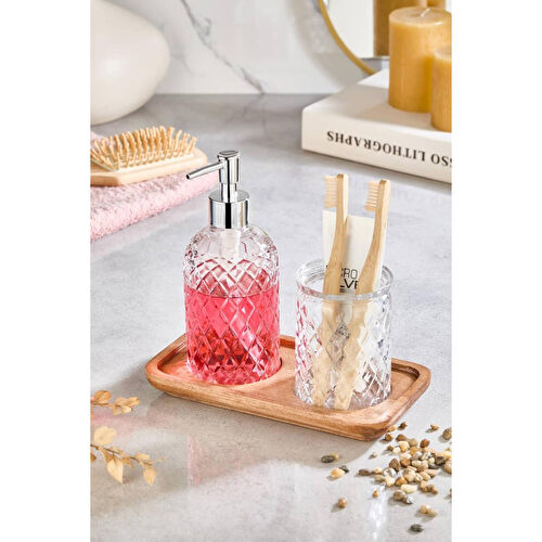 Lora Bianca Paku Cam Sıvı Sabunluk, Diş Fırçalık Ve Ahşap Stand - 3 Parça Banyo Seti Şeffaf Lora Bianca Paku Cam Sıvı Sabunluk, Diş Fırçalık Ve Ahşap Stand - 3 Parça Banyo Seti Şeffaf