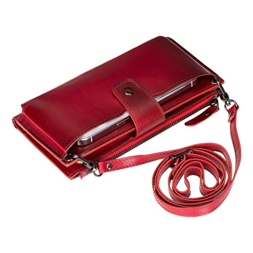 Bloominbag Lozan Strap Crimson Red Gerçek Deri Omuz Askılı Telefon Bölmeli Cüzdan Çanta