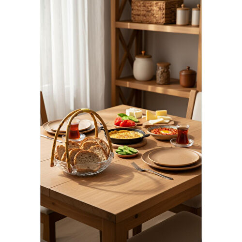 Bambum Cestino Bambu Kulplu Cam Yuvarlak Sunum Tabağı Dalgalı Desen