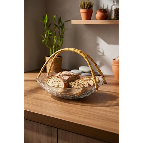 Bambum Cestino Bambu Kulplu Cam Dikdörtgen Sunum Tabağı Kabartmalı Desen