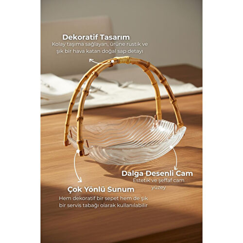 Bambum Cestino Bambu Kulplu Cam Dikdörtgen Sunum Tabağı Dalgalı Desen