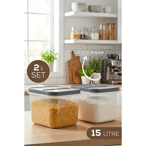 Vienev 2'li 15 Litre Sürgülü Kapaklı Çok Amaçlı Un Bakliyat Erzak Saklama Kabı