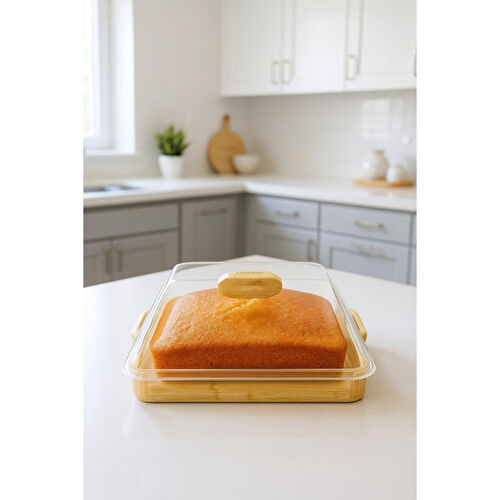 Bambum Modica Akrilik Kapaklı Bambu Kek Fanusu Kare Büyük