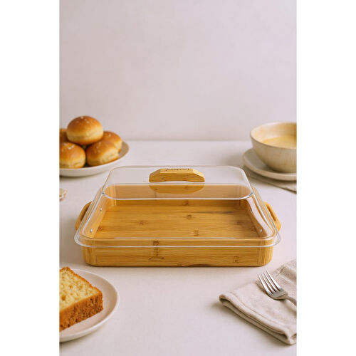 Bambum Modica Akrilik Kapaklı Bambu Kek Fanusu Dikdörtgen Büyük