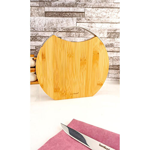 Bambum Zoe Çelik Kulplu Kesme Tahtası Yuvarlak