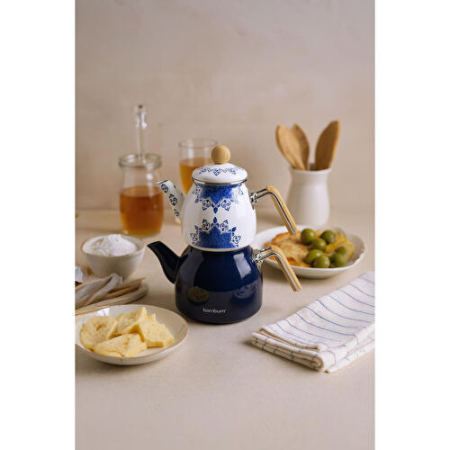 Bambum Unique Bambu Kulplu Emaye Çaydanlık Takımı Lacivert