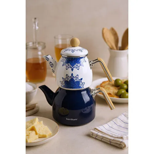Bambum Unique Bambu Kulplu Emaye Çaydanlık Takımı Lacivert